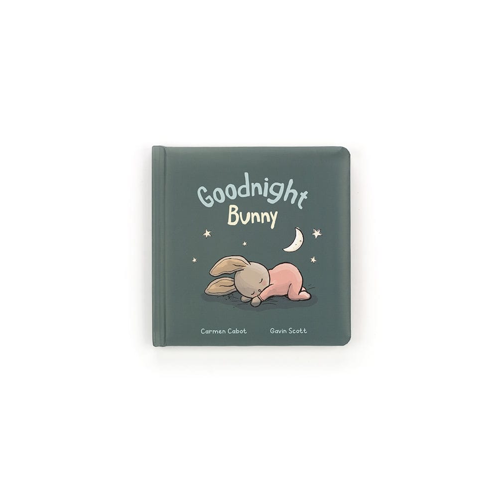 Buch Goodnight Bunny und Kuscheltier Hase in einem Körbchen