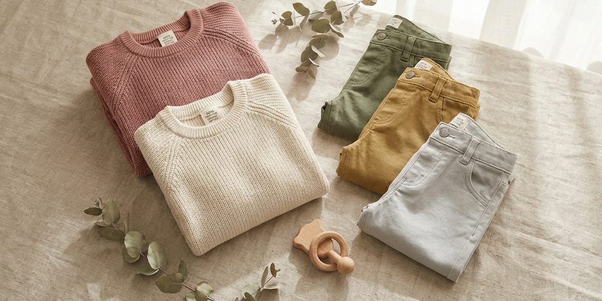 Bio-Baumwoll-Kinderkleidung auf Leinenhintergrund — GOTS-zertifiziert