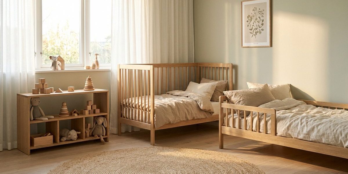 Helles skandinavisches Kinderzimmer mit Holzmöbeln und Leinenbettwäsche