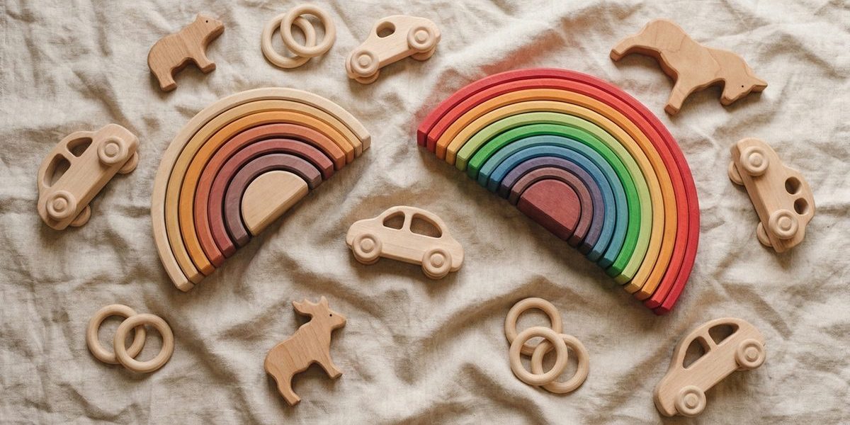 Holzspielzeug für Kinder auf natürlichem Leinenhintergrund — FSC-zertifiziert