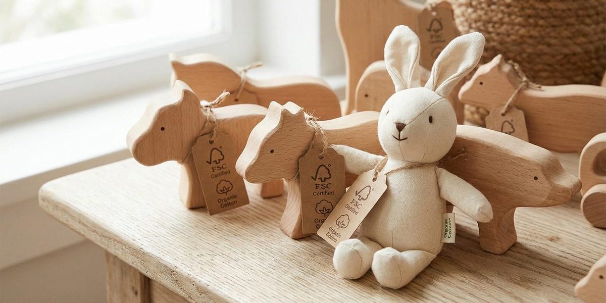 Naturholzspielzeug mit FSC- und GOTS-Zertifizierung auf Holzoberfläche