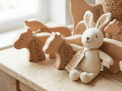 Naturholzspielzeug mit FSC- und GOTS-Zertifizierung auf Holzoberfläche