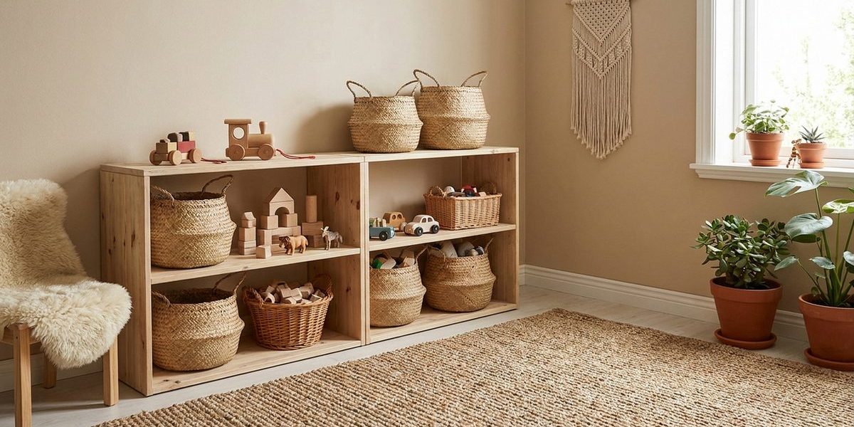 Naturholz-Aufbewahrungsregal mit Korbboxen — nachhaltig einrichten mit Budget