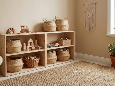 Naturholz-Aufbewahrungsregal mit Korbboxen — nachhaltig einrichten mit Budget