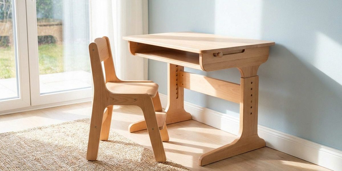 Höhenverstellbarer Kinderschreibtisch aus Naturholz im hellen Kinderzimmer