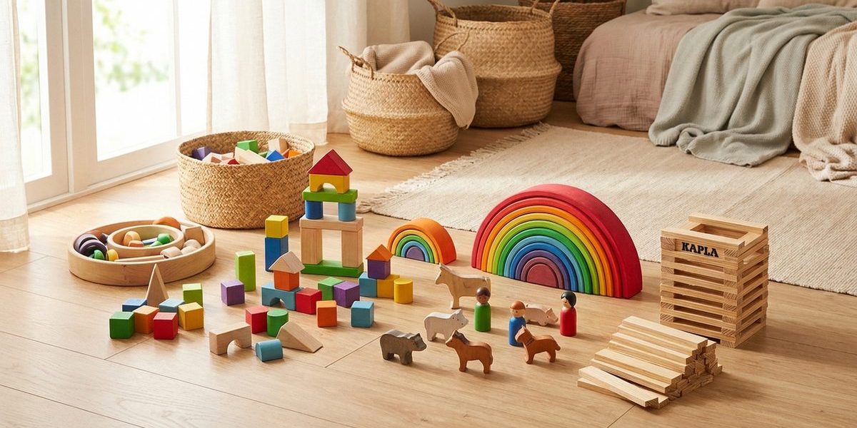 Holzbausteine und offenes Spielzeug für Kindergarten- und Volksschulkinder