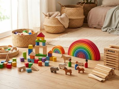 Holzbausteine und offenes Spielzeug für Kindergarten- und Volksschulkinder