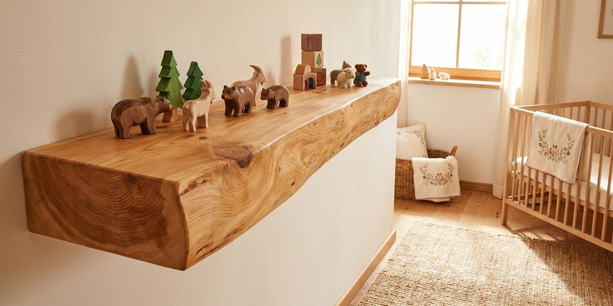 Zirbenholzregal im hellen Kinderzimmer mit kleinen Holzspielzeugen