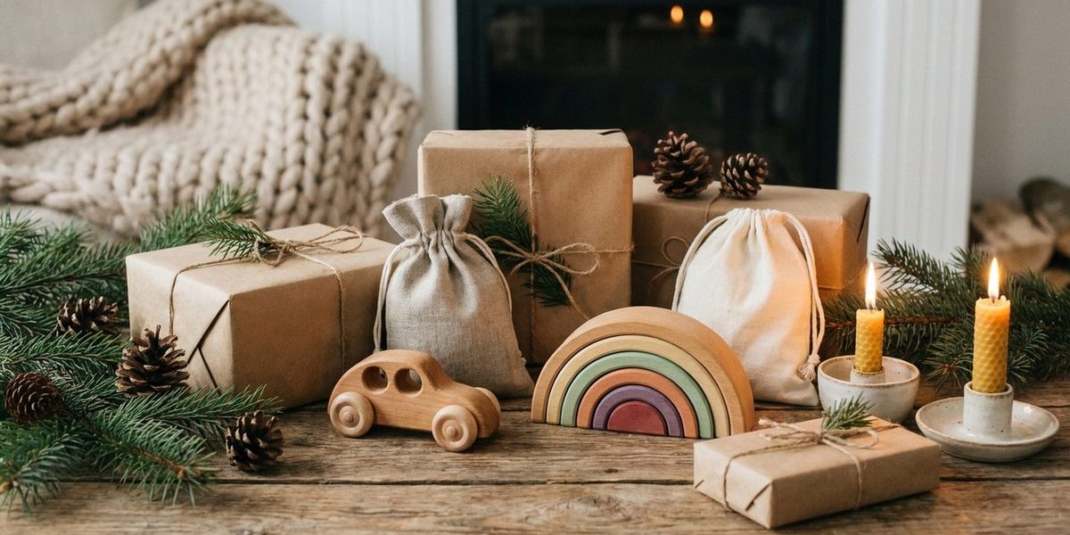 Nachhaltig verpackte Weihnachtsgeschenke aus Holz mit Naturmaterialien