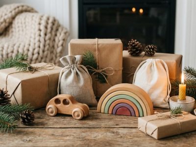 Nachhaltig verpackte Weihnachtsgeschenke aus Holz mit Naturmaterialien
