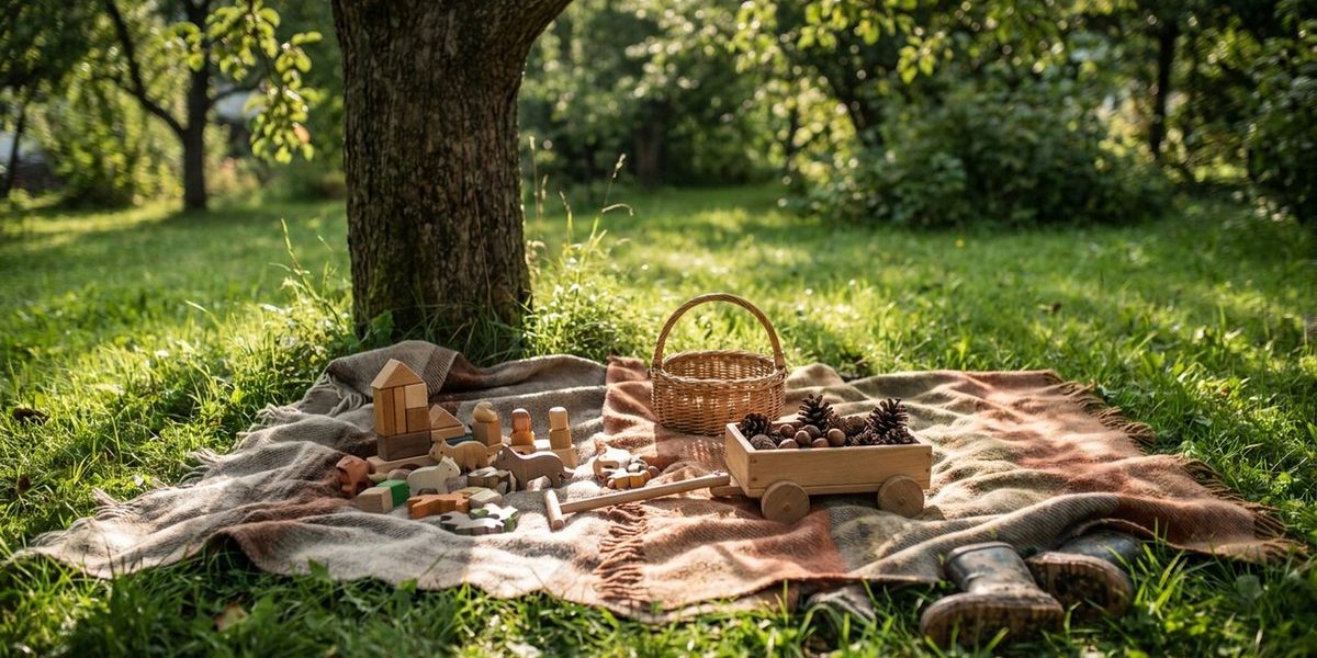 Kind spielt mit Naturmaterialien im Garten — Spielroutinen für Kleinkinder