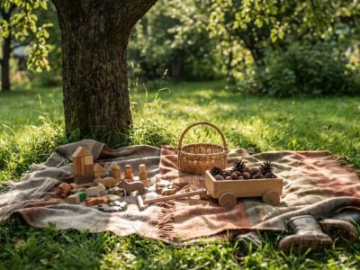 Kind spielt mit Naturmaterialien im Garten — Spielroutinen für Kleinkinder