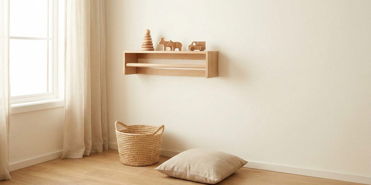 Minimalistisches Kinderzimmer mit wenigen ausgewählten Holzspielzeugen