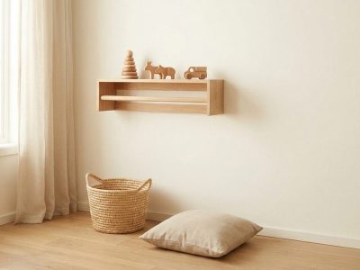 Minimalistisches Kinderzimmer mit wenigen ausgewählten Holzspielzeugen