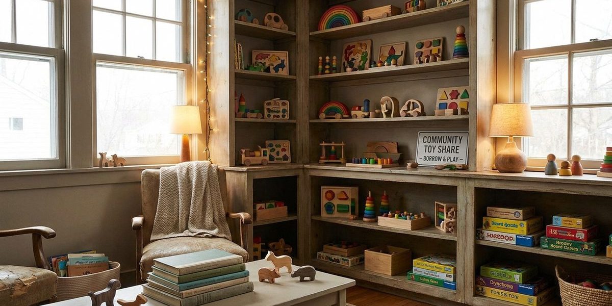 Gemütliche Spielzeugbibliothek mit Naturholzspielzeug auf offenen Regalen