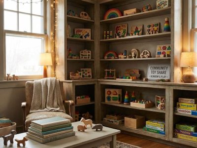 Gemütliche Spielzeugbibliothek mit Naturholzspielzeug auf offenen Regalen