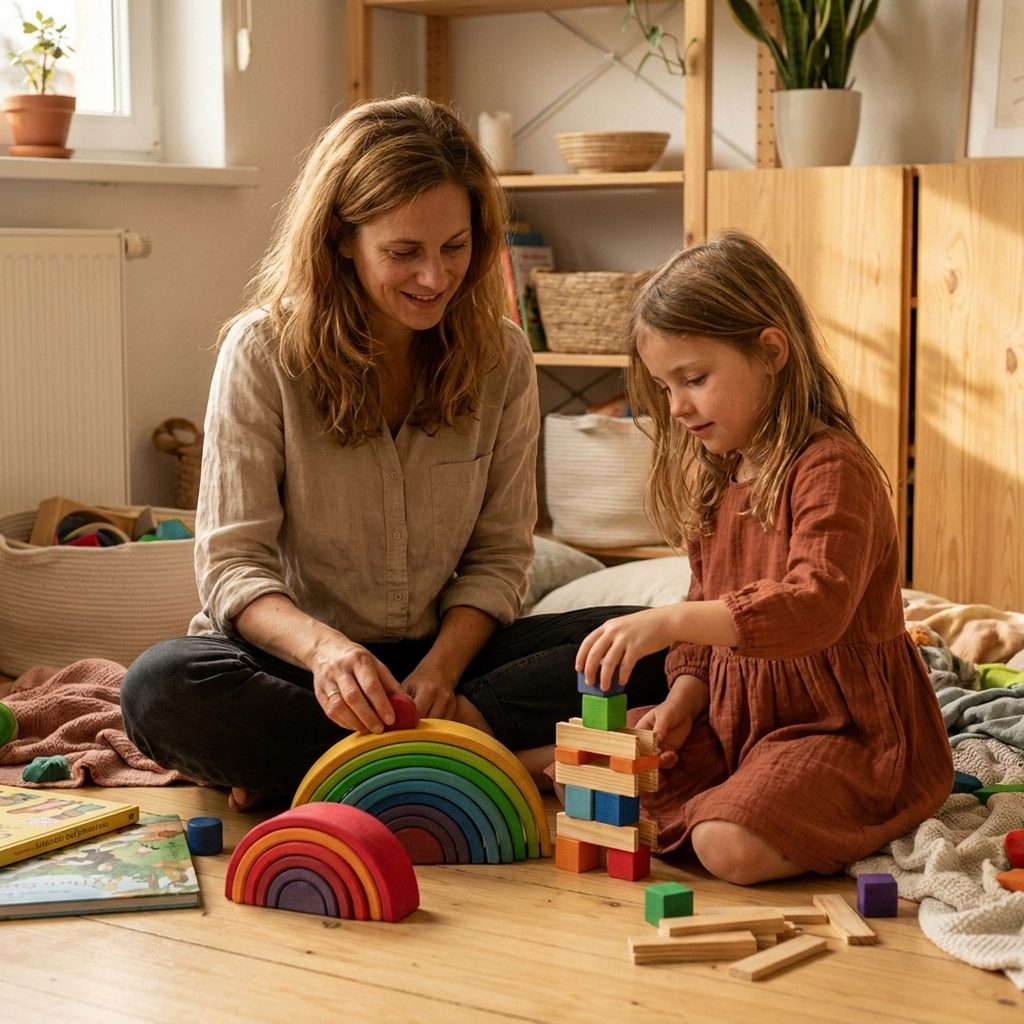 Lena und Emma beim Spielen mit Grimms Regenbogen und Holzbausteinen