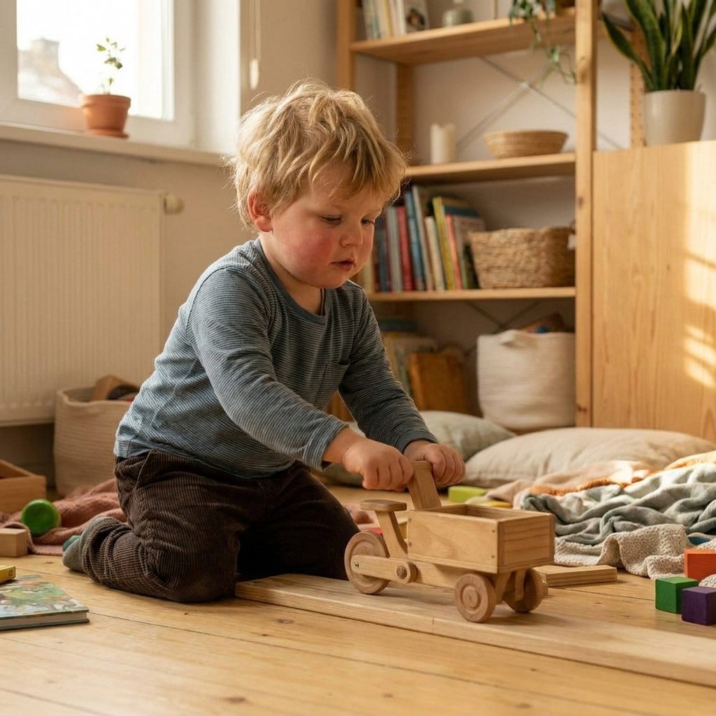 Felix (4) konzentriert beim Spielen mit dem PlanToys Holzauto