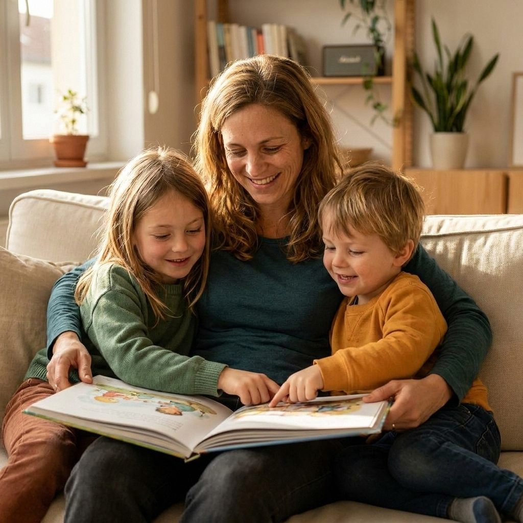 Lena liest Emma und Felix ein Bilderbuch auf dem Sofa vor