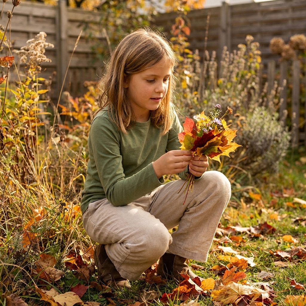 Emma (8) sammelt Herbstblätter im Garten