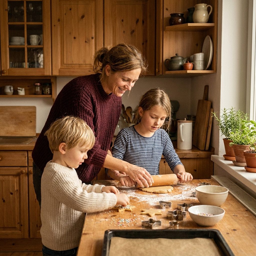 Lena backt Kekse mit Emma und Felix in der Küche